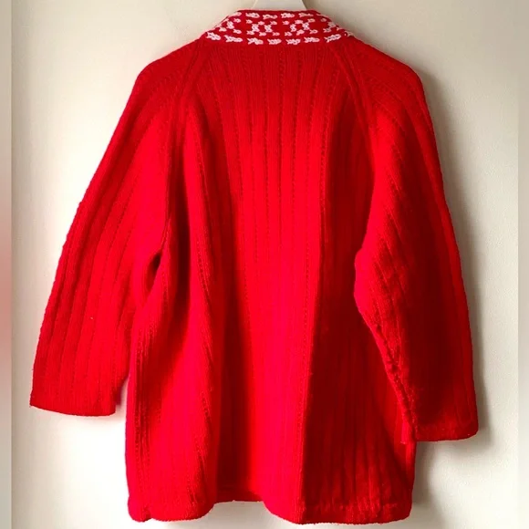 Bright red knit open front cardigan with white knit pattern - Picture 12 of 12